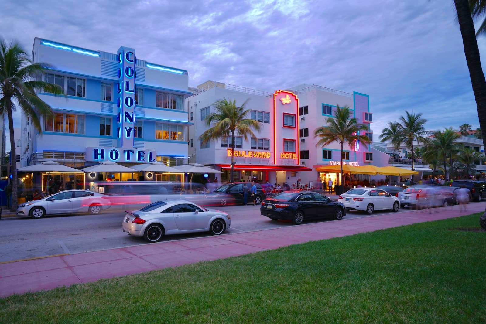 Ocean Drive Art Deco hotels at dusk, South Beach Miami