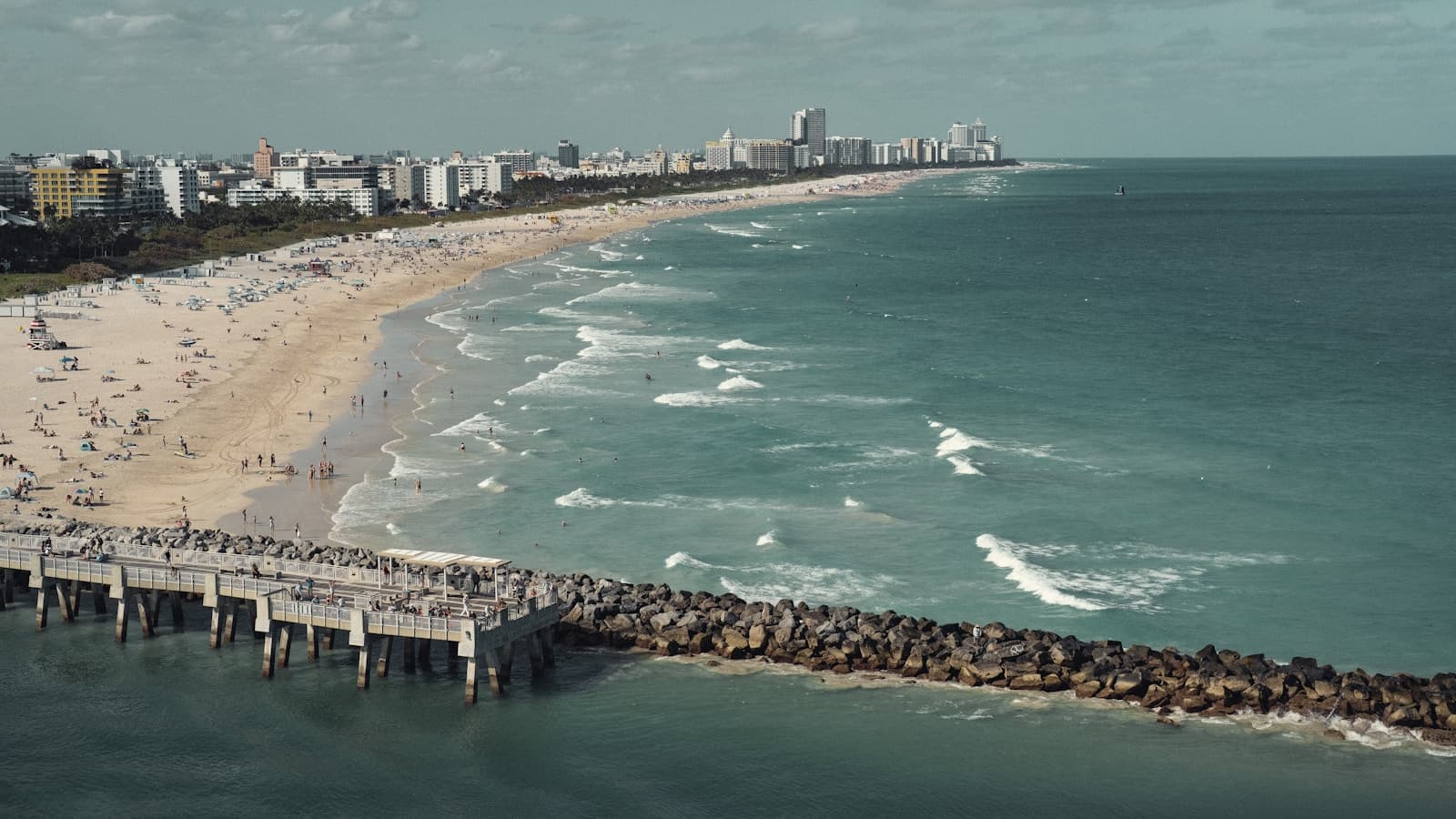 South Pointe Pier and beach with Miami skyline
