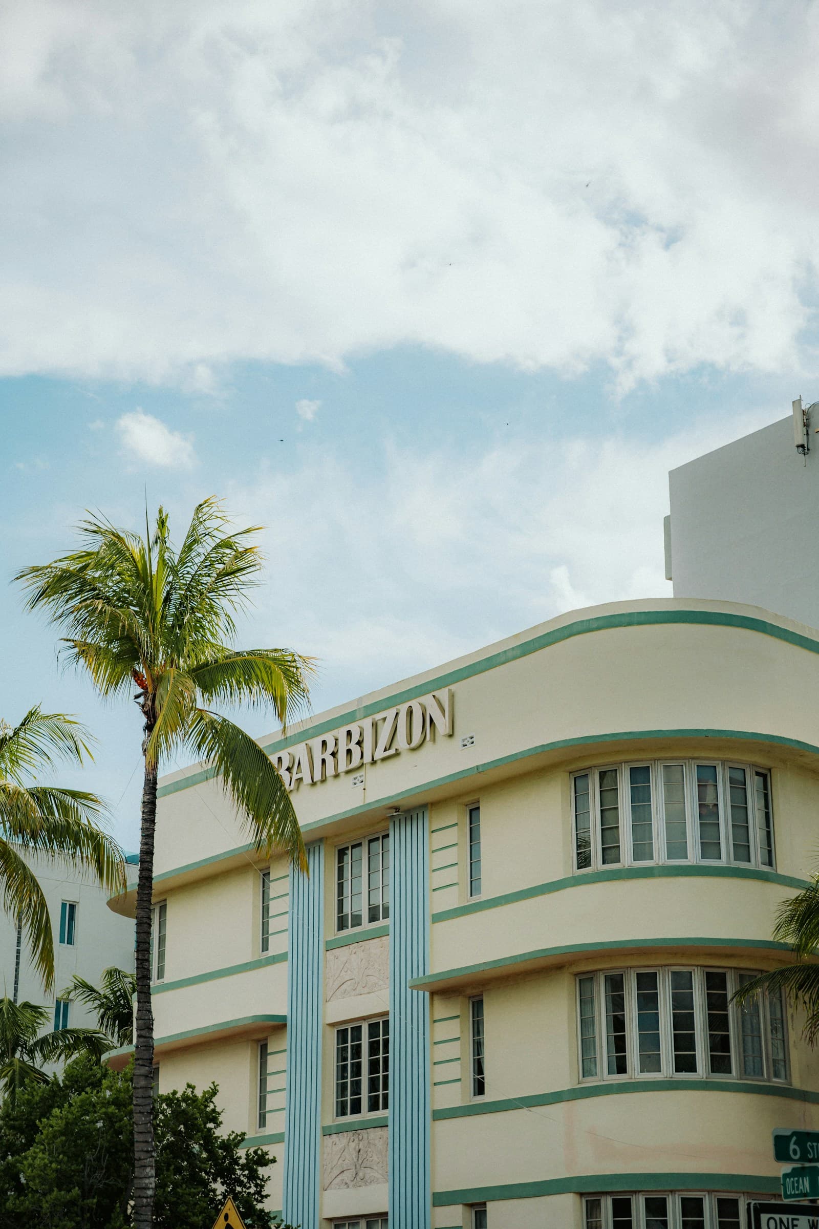 Art Deco building with palm trees, South Beach